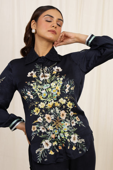 FLORAL LUXE EMBROIDERED CO-ORD SET NAVY