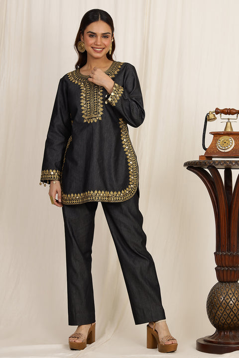 THE DENIM ETHNIC FUSION EMBROIDERED 2 PC SET