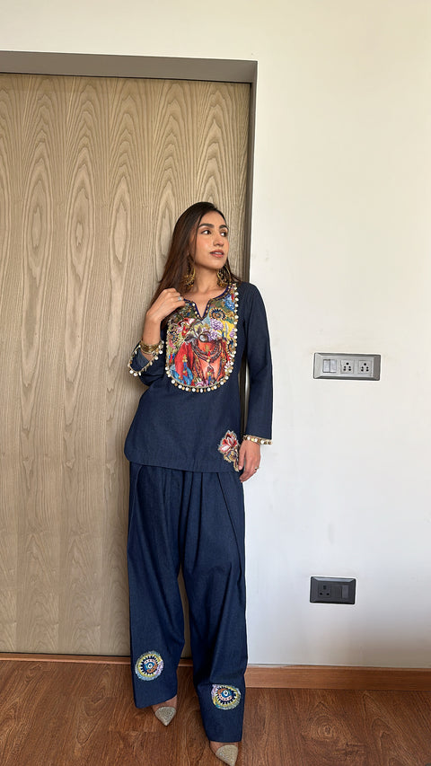 The Ethnic Denim Fusion 2 Pc Set with Embroidered Shirt & Farshi Salwar Dark Navy