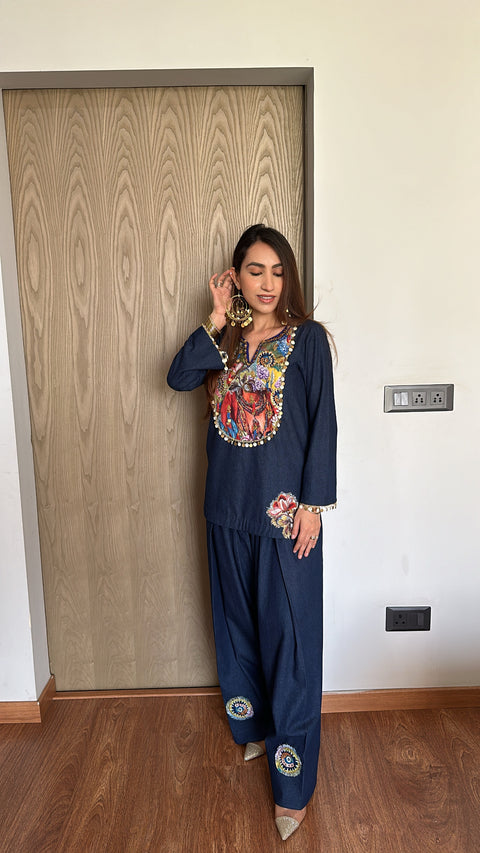 The Ethnic Denim Fusion 2 Pc Set with Embroidered Shirt & Farshi Salwar Dark Navy