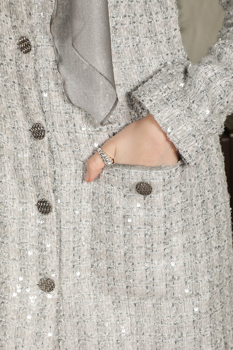 Grey Sequin Buttoned One Piece Dress With Bow Tie Up