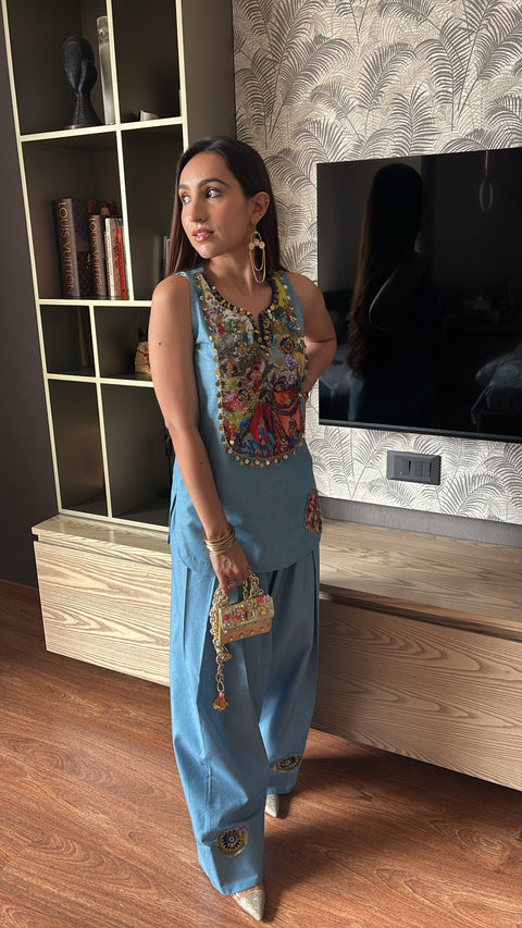 The Ethnic Denim Fusion 2 Pc Set with Embroidered Shirt & Farshi Salwar Cloud Blue