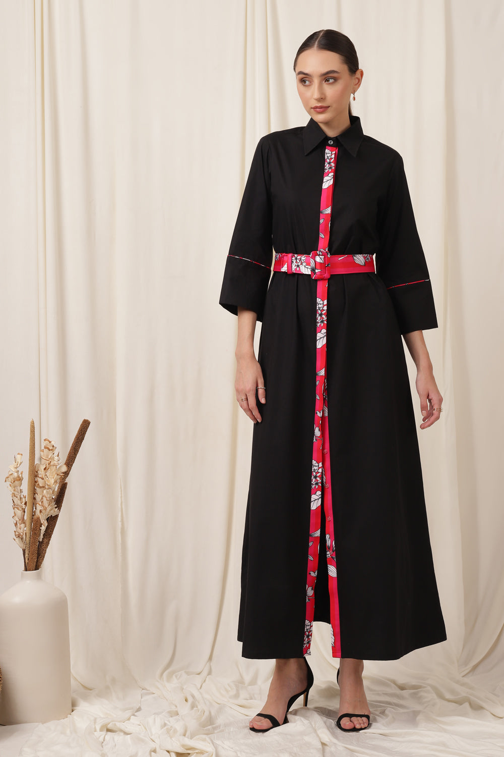LONG BLACK SHIRT DRESS WITH PINK FLORAL BELT TIE UP– House Of Maksim