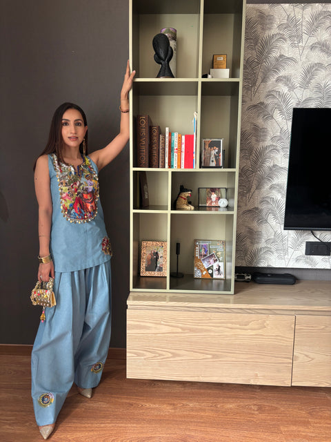 The Ethnic Denim Fusion 2 Pc Set with Embroidered Shirt & Farshi Salwar Cloud Blue