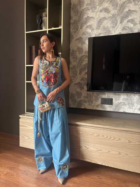 The Ethnic Denim Fusion 2 Pc Set with Embroidered Shirt & Farshi Salwar Cloud Blue