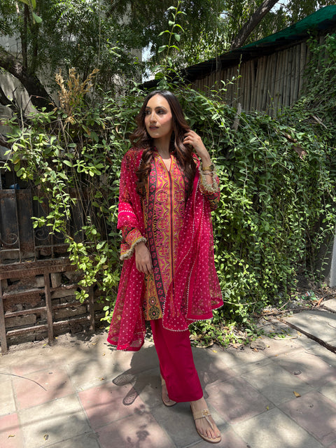 THE ESSENTIALLY FESTIVE 3 PC SET WITH EMBROIDERED SHIRT, FARSHI SALWAR , DUPATTA