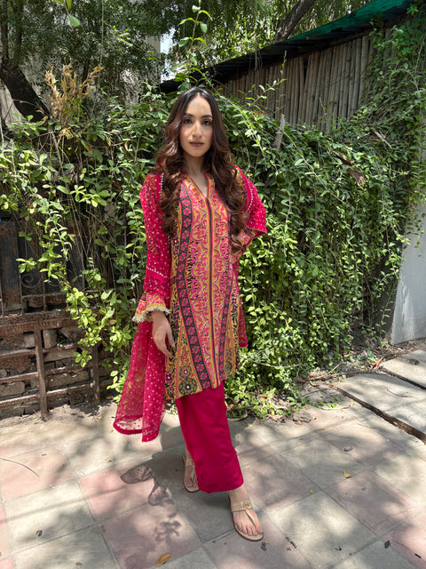 THE ESSENTIALLY FESTIVE 3 PC SET WITH EMBROIDERED SHIRT, FARSHI SALWAR , DUPATTA