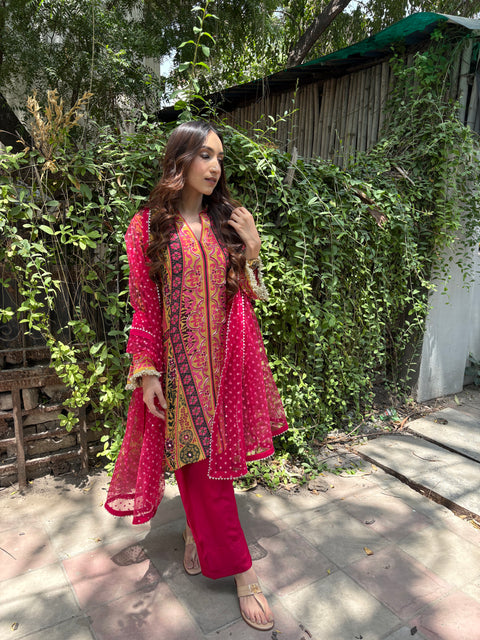THE ESSENTIALLY FESTIVE 3 PC SET WITH EMBROIDERED SHIRT, FARSHI SALWAR , DUPATTA