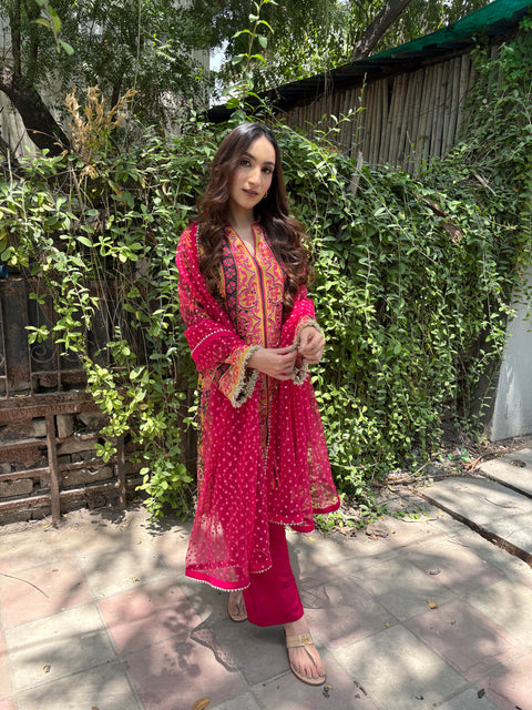 THE ESSENTIALLY FESTIVE 3 PC SET WITH EMBROIDERED SHIRT, FARSHI SALWAR , DUPATTA
