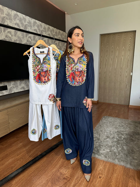 The Ethnic Denim Fusion 2 Pc Set with Embroidered Shirt & Farshi Salwar Dark Navy