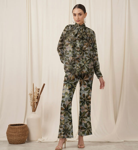 Floral Bloom Bow Knot Organza Tie Up Shirt Set with Pants