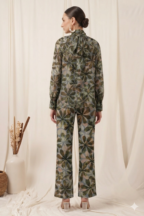 Floral Bloom Bow Knot Organza Tie Up Shirt Set with Pants